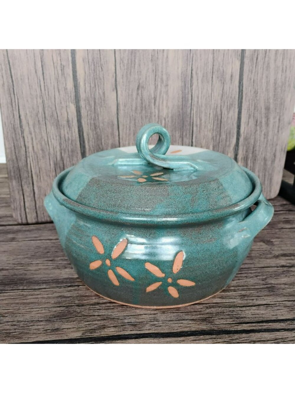 Handcrafted Ceramic Tureen w Lid Teal Beige Floral Signed Eagle Pottery Sherri M